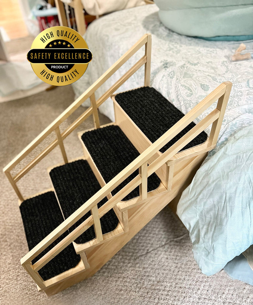 Gentle Rise Pet Steps for Beds, 4 Step Dog Stairs with Safety Rails, Wood Pet Steps, Dog Steps for High Beds Safety Excellence